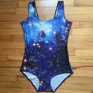 Space print leotard top, stars print one piece, M